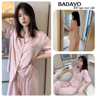 Đồ bộ nữ bộ pijama lụa cộc tay tone hồng cúc bọc vải họa tiết chìm sang trọng Badayo Hcom735