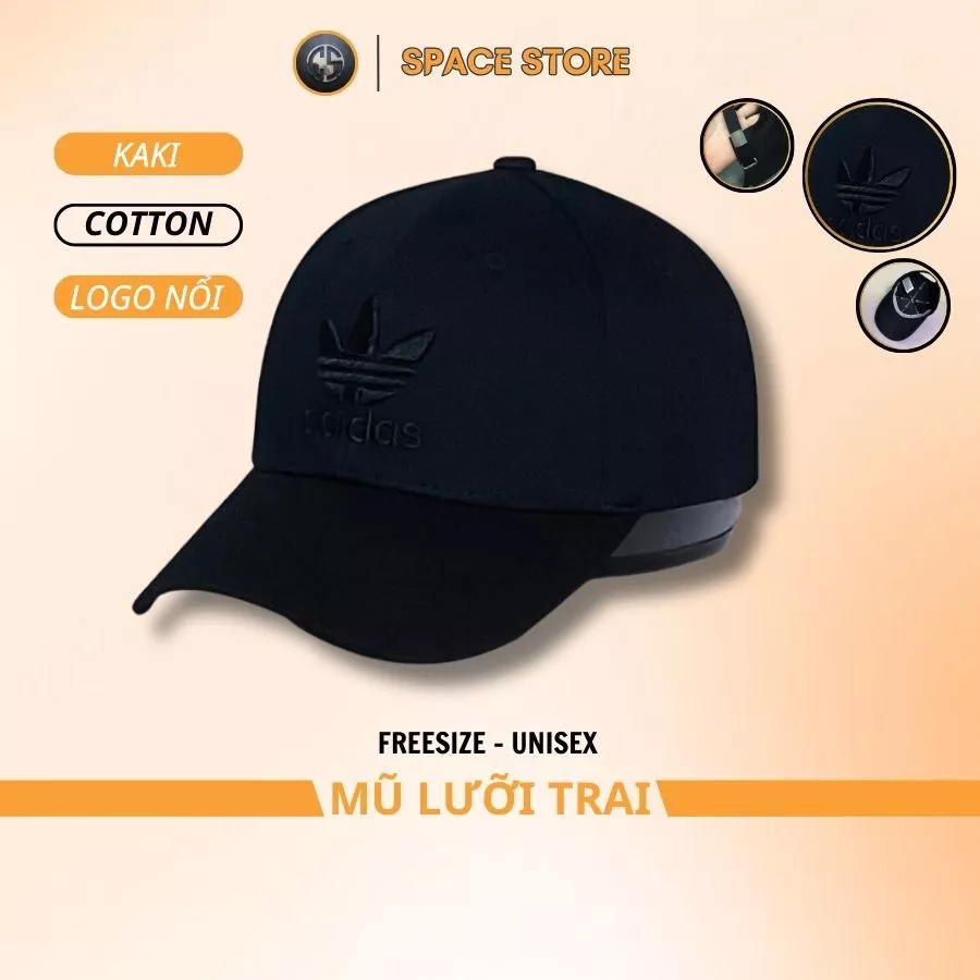 Mũ lưỡi trai Adidas đen Logo thêu nổi, hàng xuất dư Freesize dành cho cả nam và nữ, Full hộp