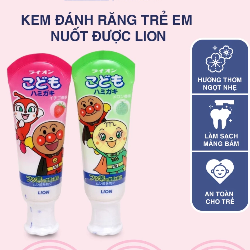 Kem Đánh Răng Trẻ Em Nuốt Được LION Hương Dưa Vàng - Dâu Tây Nội Địa Nhật Bản Cho Bé (40g)