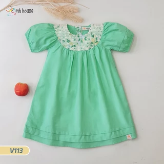 V113 Váy Trẻ Em Xinh House Cotton Màu Xanh Phối Hoa Dáng Baby Doll