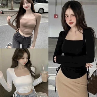 Áo thun dài tay cổ vuông rút dây 2 bên ôm body tôn dáng sexy màu đen trắng be, Áo nữ kiểu hàn quốc chất thun tăm co dãn