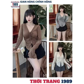 Áo thun cổ tim ngực rút dây ôm body sang trọng, Áo dài tay ống loe xả vạt phong cách