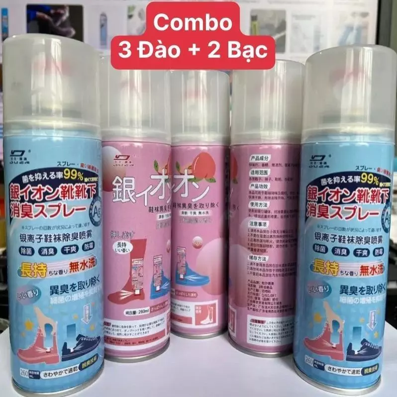 Combo 5 Chai xịt Khử Mùi Giày Nano Bạc Diệt Khuẩn Ngăn Ngừa Hôi Chân Lưu Hương 24h hương Chanh - Đào