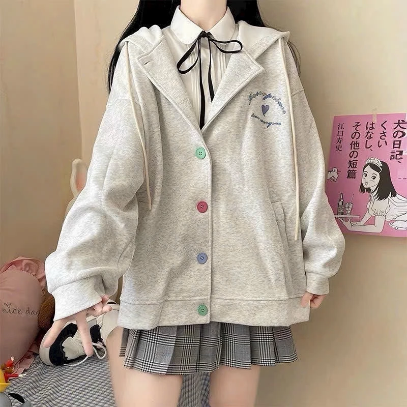 Áo Khoác Cadigan Tay Dài Cổ V Có Mủ Thêu LOVE trái tim From Rộng Phong Cách Hàn Quốc Phù Hợp Đi Chơi-fammilyshop