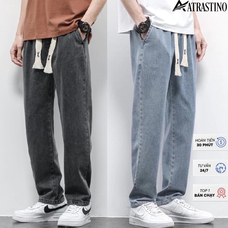 Quần jean nam baggy CẠP CHUN BẢN TO ống rộng ATRASTINO, Chất Bò cao cấp 2024- JEAN001