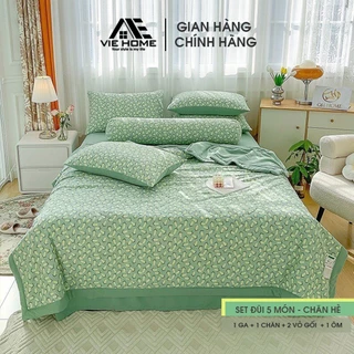 Bộ Chăn ga gối Cotton Đũi 5 món VIE HOME - Bedding Cao Cấp Hoa Lá Đủ Size drap bọc nệm M6/M8