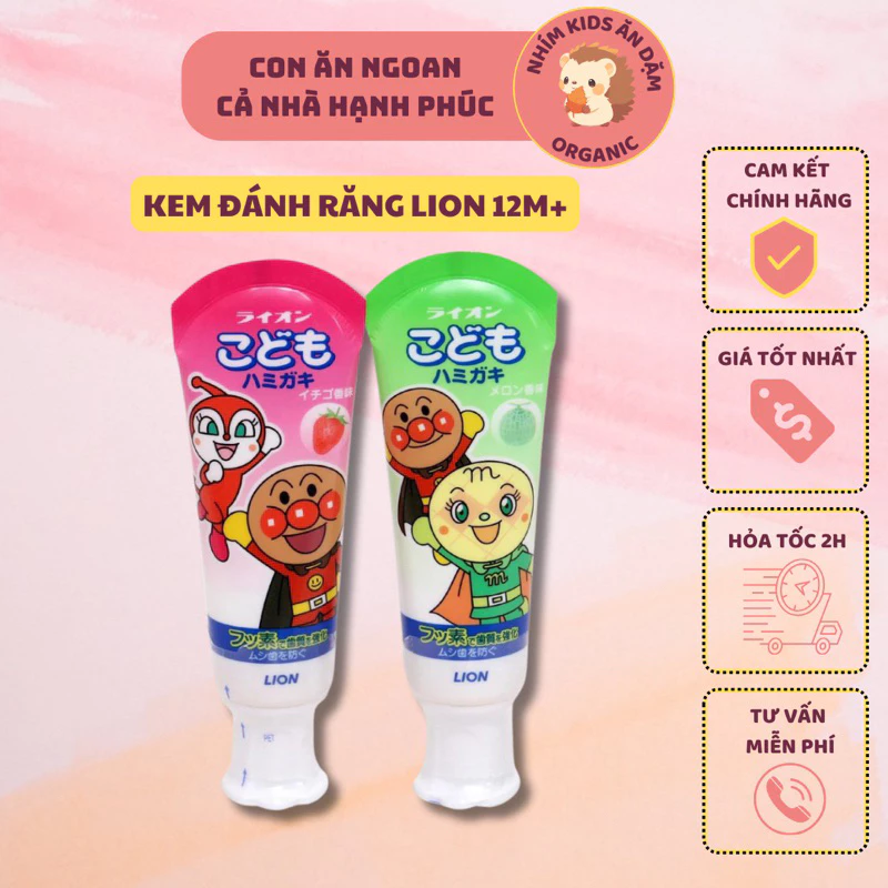 Kem đánh răng /bàn chải Lion Nhật Bản (nuốt được) cho bé từ 1 tuổi