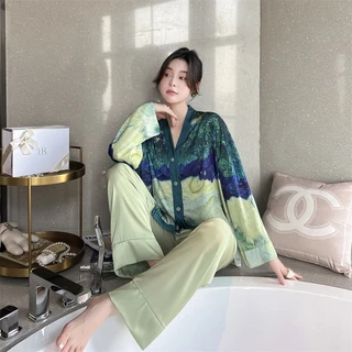 PYJAMA CỔ LAI TAY DÀI VẢI LỤA SATIN CAO CẤP HỌA TIẾT SANG TRỌNG