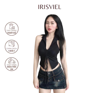 Áo Croptop Cổ Đức Polo Màu Trắng, Áo Crt Cổ Bẻ Dây Rút Chất Borip Thun Ôm Body Cá Tính Freesize IRISVIEL