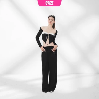 Cazi - Quần thể thao xẻ tt - Emily Pants kaki 2 mặt cotton form ống rộng màu đen dễ phối đồ đi chơi, đi học