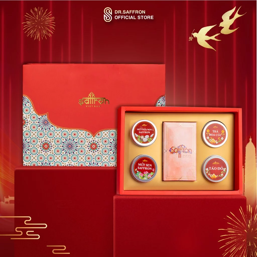 Hộp Nhụy hoa nghệ tây Saffron Jahan gồm: Nhụy hoa nghệ tây và 4 loại trà