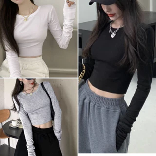 Áo croptop nữ dài tay, áo thun croptop ôm body cổ tròn chất thun gân co dãn tốt form xinh  AXN001 VIETCEN