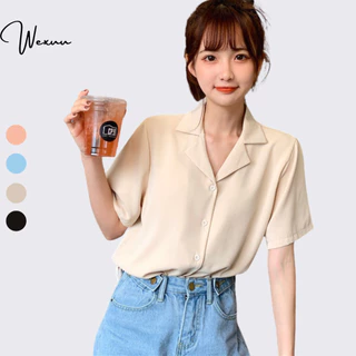 Áo sơ mi nữ tay ngắn dáng trơn basic Wexuu bản cổ vest 3 màu Ulzzang - SM21