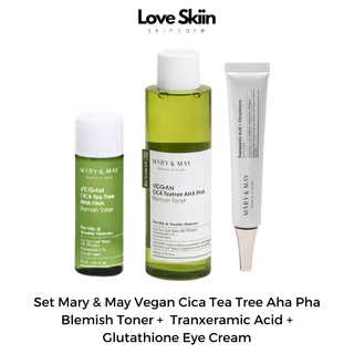 Nước cân bằng Toner Mary&May Vegan Cica Tea Tree AHA PHA Blemish & Kem mắt Tranexamic Acid+Glutathion Eye Cream 12g