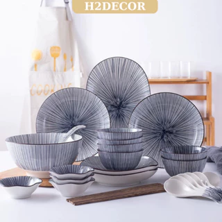 SET Bát Đĩa Gốm Sứ Họa Tiết Sọc Xanh Phong Cách Bắc Âu - H2DECOR