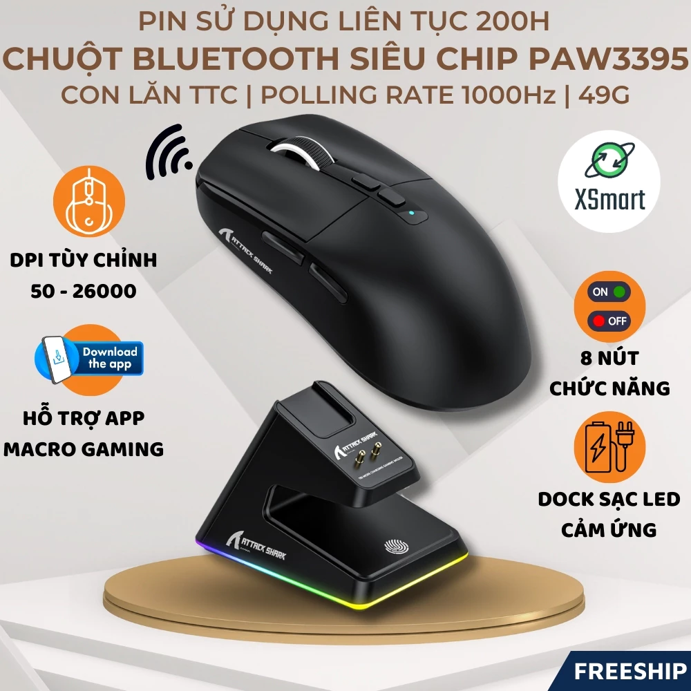 Chuột Không Dây Bluetooth Chip PAW3395 Gaming Attack Shark X6 Con Lăn TTC, Dock Sạc LED RGB