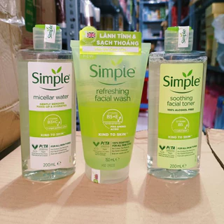 Bộ 3 giúp Da Sạch Sâu SIMPLE Nước Tẩy Trang Micellar 200ml + Sữa Rửa Mặt Refreshing 150ml + Toner 200ml