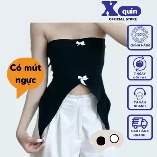 Áo ống đính nơ viền ren có sẳn mút ngực Xquin, Áo quây cúp ngực phối ren chất thun gân ôm body cực tôn dáng