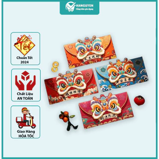 Lì Xì Đầu Lân 2024 Set 4 Bao Lì Xì Kì Lân Đỏ Loại Nhám Cao Cấp Giấy Cứng Dày Dặn Lì Xì Rồng Phong Bì Tết