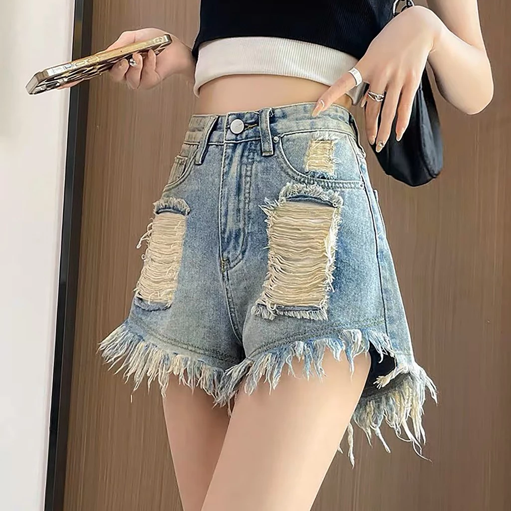 Quần Short Jean Nữ Phom Rộng Dành Cho BigSize Rách Bụi, Rách Tơi Tả, Lai Tua 0041