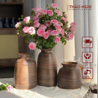 Bình Hoa Gốm Bát Tràng - Bình Hoa Decor Trang Trí - Bình Cắm Hoa Vai Vuông Men Nâu Mộc | Thaonghiceramics