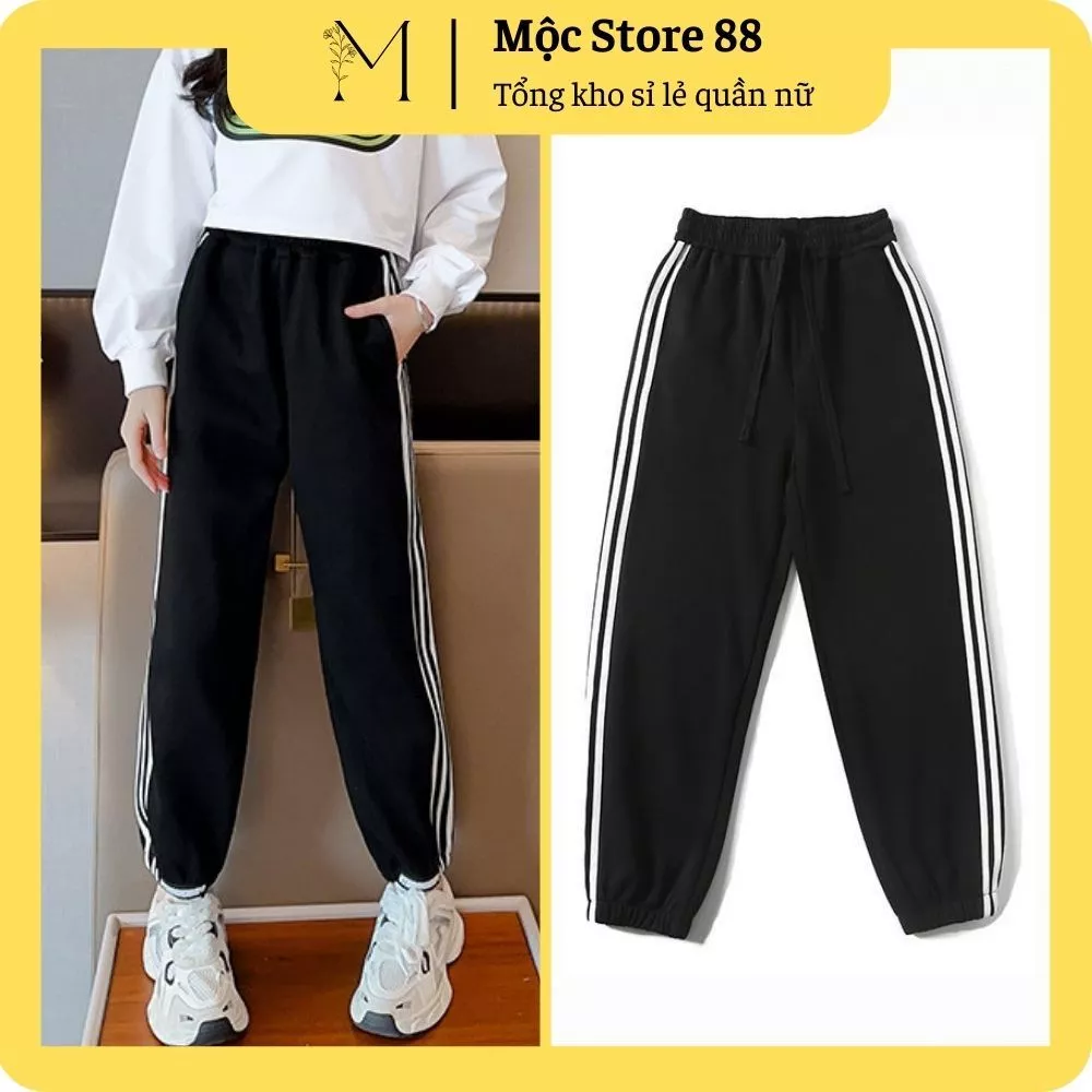 Quần baggy sọc 🌸MỘC STORE🌸 Jogger ôm gấu sọc trắng thể thao, quần nữ chất liệu nhung dày dặn mềm mịn cao cấp