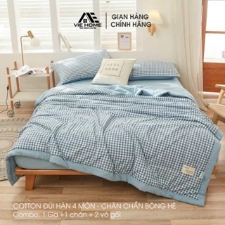 Bộ chân ga gối Cotton đũi 4 món caro vintage hiện đại VIE Home nhiều kích thước ra trải giường M4 M6 M8 2M