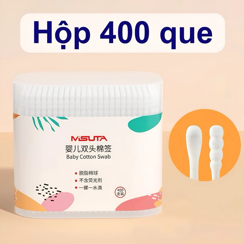 Hộp 400 , 200 cây tăm bông cho bé sơ sinh Misuta, Tăm bông cao cấp cho bé