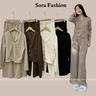 Set Nữ Bigsize Phối Cúc Ngọc Sora Fashion,Set Bộ Nữ Áo Khoác Dài Tay Kèm Quần Dài Chất Liệu Tăm Nỉ 114