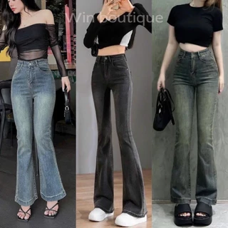 Quần jean ống loe Gấu to xanh rêu, xịt retro, loe xẻ cạp cao co dãn hách dáng hot