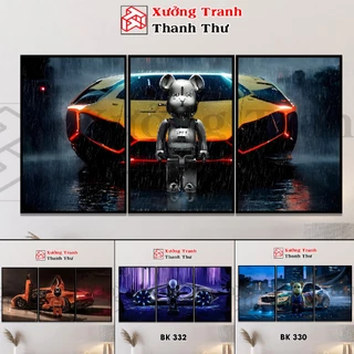 Bộ 3 Tranh treo tường,Tranh Dán tường chú Gấu Kaws Toy Siêu Xe, Phòng Khách/Game/ Shop Quần Áo/ RObot/ Bearbrick Siêu xe