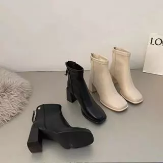 Giày bốt nữ cổ cao đế 7cm lót lông khóa sau boot nữ cổ thấp da mềm đứng phom