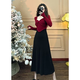 Set bộ thời trang nữ, áo croptop form ôm body đỏ mix chân váy midi dáng suông dài (có bigsize)-S09