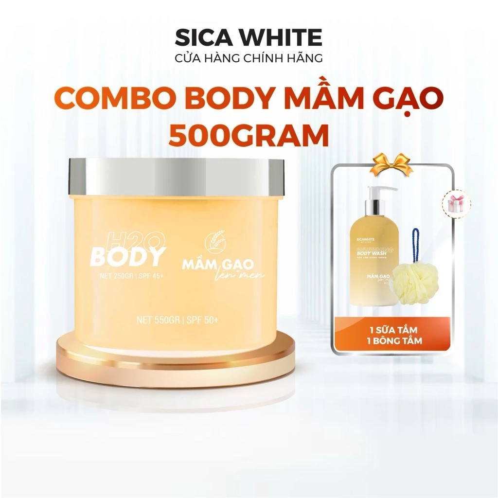 Kem Sica White Body Mầm Gạo H2O 500G, Kem Body Trắng Da (Tặng Sữa Tắm 300Ml) - SICA WHITE