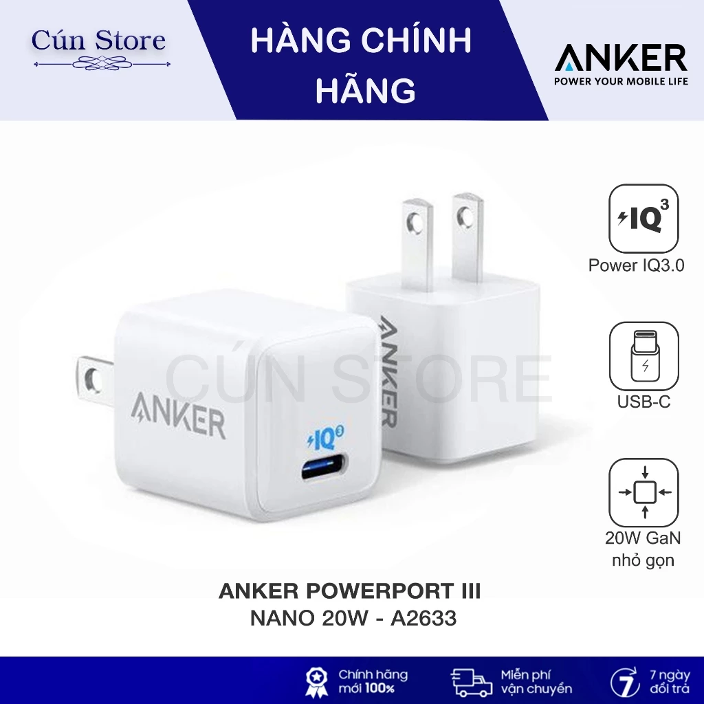 Củ sạc nhanh Anker PowerPort 3 Nano 20W IQ3 - A2633 siêu nhỏ gọn | Bảo Hành 12 tháng