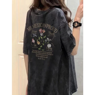 Focus local brand vintage nâu xám hoa áo thun tay ngắn nữ cổ tròn bigsize áo phông hình unisex 100%cotton