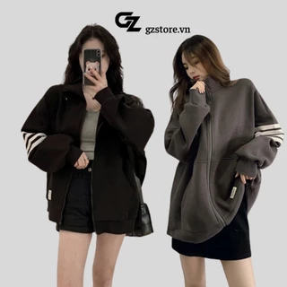 Áo hoodie zip nỉ bông cao cấp cổ trụ hoạ tiết 3 sọc form rộng nam nữ unisex Gzstore291