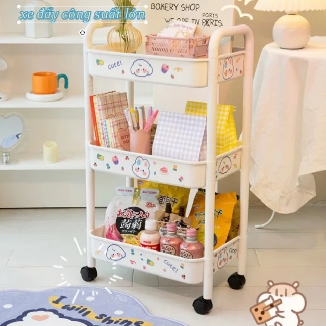 Kệ Đựng Đồ Đa Năng 3 tầng , Kệ Để Đồ 4 Tầng Có Bánh Xe Di Chuyển Tặng Kèm Sticker Dễ Thương