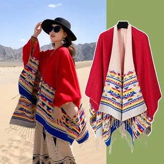 Khăn áo choàng boho thổ cẩm nữ mùa thu đông áo choàng len dạ dày poncho khoác ngoài - Mã LE55 The Collar Box