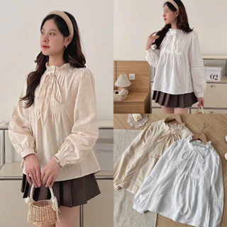 A15 Áo sơ mi nữ cổ viền bèo buộc nơ, áo kiểu babydoll VINTAGE xinh nữ tiểu thư dài tay