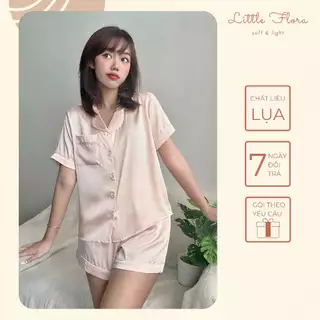 Đồ bộ nữ pijama Little Flora cộc tay sang trọng vải lụa cao cấp chống nhăn