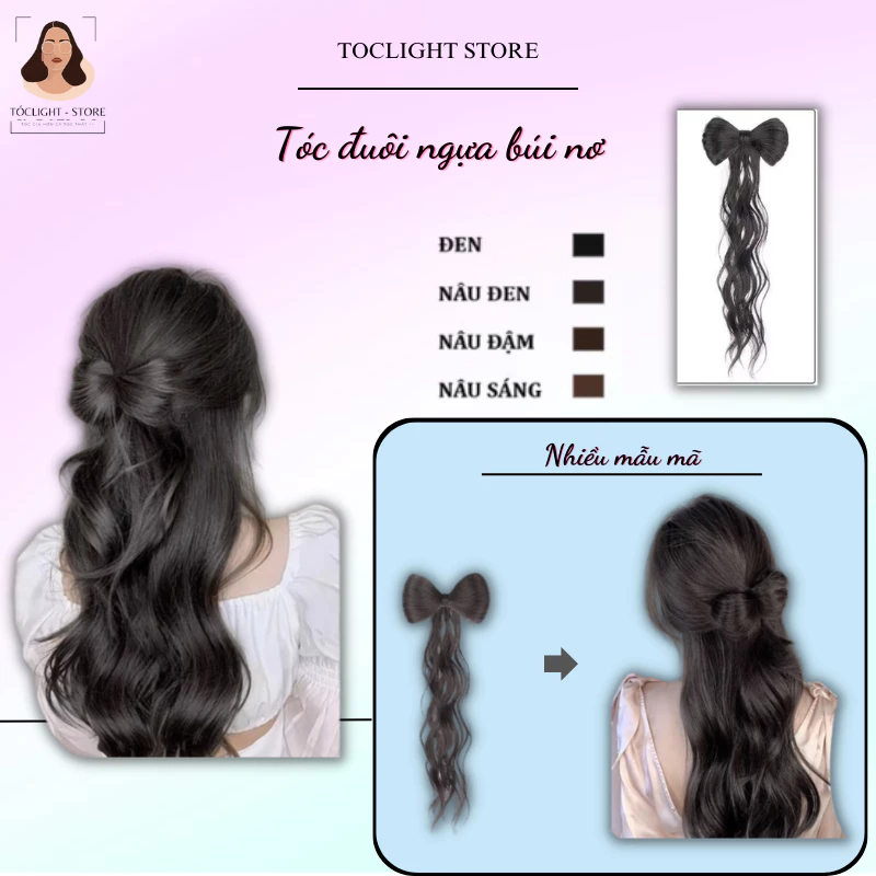 Tóc giả đuôi ngựa nửa đầu búi nơ cực xinh- Nơ cài nửa đầu đuôi ngựa Xoăn nhẹ dài 35cm - 35