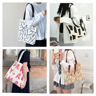 Túi tote bag phối quai đen độc đáo có khóa kéo túi vải canvas giá rẻ đi học đeo vai đựng vừa khổ a4 laptop 14inch