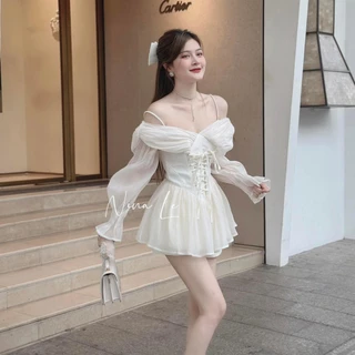 SET ÁO BẸT VAI KEM XƯỢC PHỐI TAY LOE PEPLUM ĐAN DÂY NGỰC + QUẦN SHORT KEM