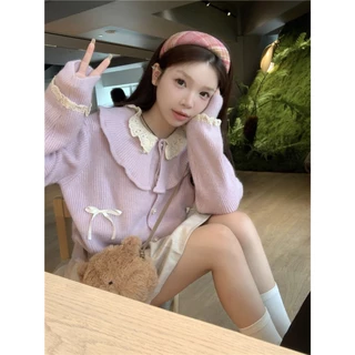 𝗺𝗶𝗲 𝘀𝘁𝘂𝗱𝗶𝗼 - Cardigan len cổ bẻ đôi dài tay Hàn Quốc xinh xắn