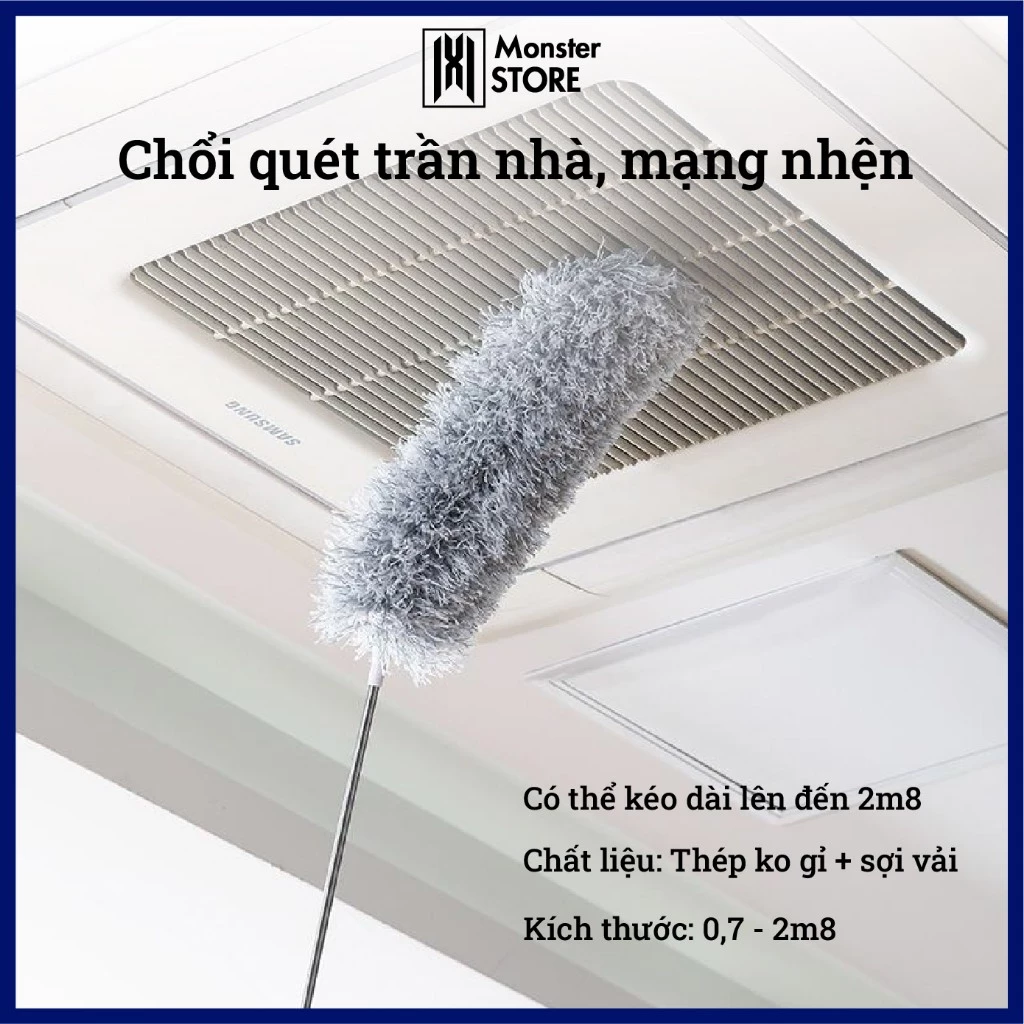 Chổi Quét Trần Nhà Quét Mạng Nhện , Cây Lau Trần Nhà Uốn Dẻo Linh Hoạt Cán Dài Rút Gọn Inox Cao Cấp