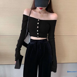 áo croptop trễ vai tay dài bấm cúc kiểu hàn quốc A11