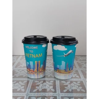 Combo 100 ly giấy 16oz (480ml) 2PE in hình thân thiện mỗi trường + nắp đen