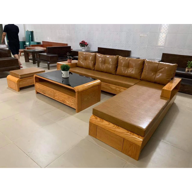 Bộ sofa gỗ sồi góc L giá tốt tại xưởng