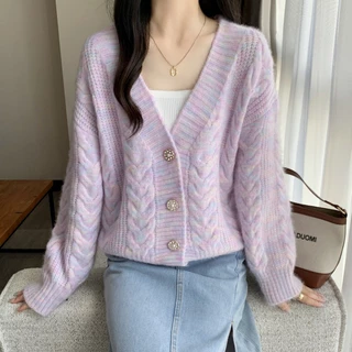 Áo cardigan len pha lông cổ V freesize 4 cúc đính đá phong cách Hàn Quốc siêu ấm dễ thương K006